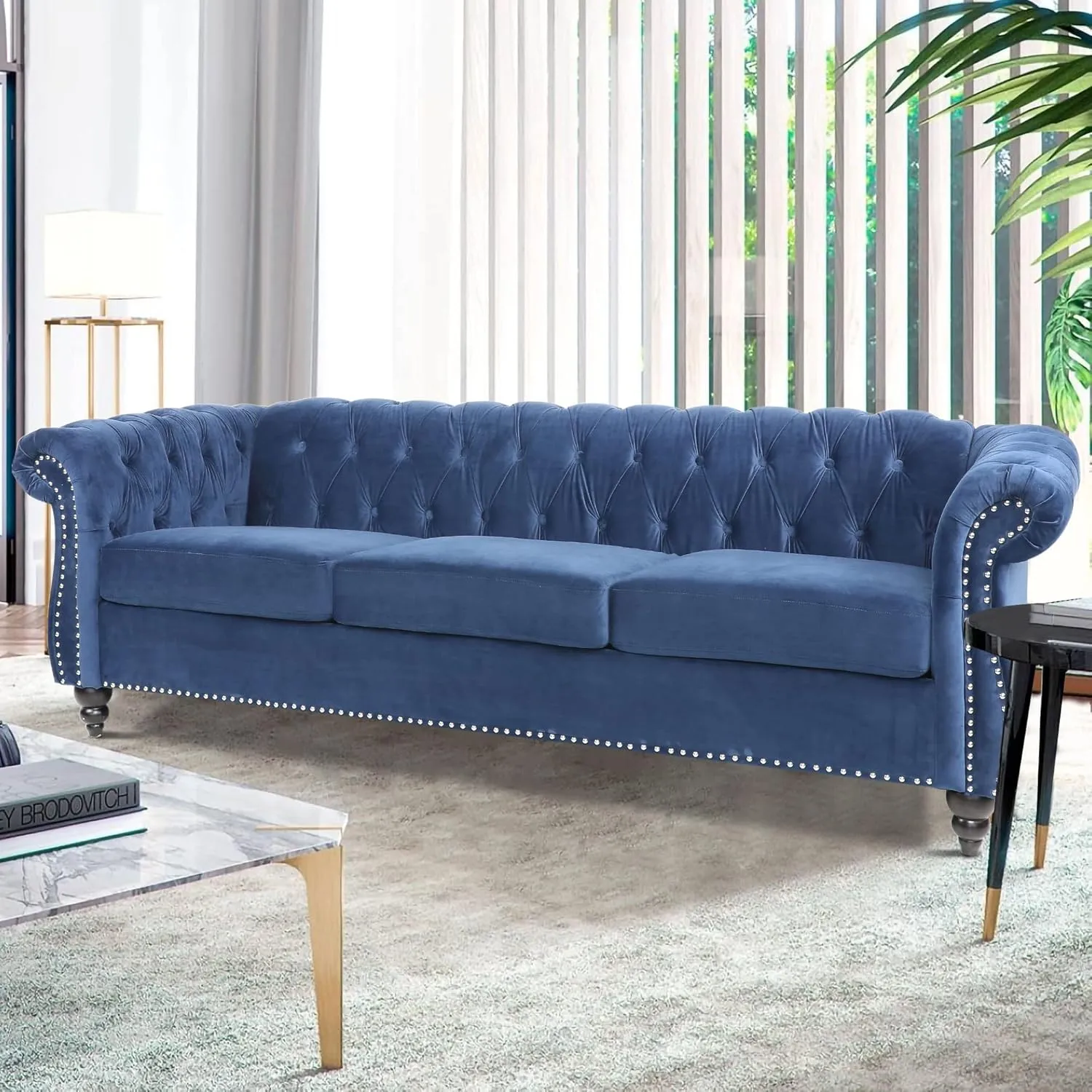 RARZOE Chesterfield Classic Sofa, Mordern 3 Seater Velvet Sofa Couch, Tufted Back Chesterfield Settee Sofas with Nailhead Trim Scroll Arms for Living Room Apartment(Blue)