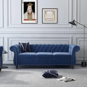 RARZOE Chesterfield Classic Sofa, Mordern 3 Seater Velvet Sofa Couch, Tufted Back Chesterfield Settee Sofas with Nailhead Trim Scroll Arms for Living Room Apartment(Blue)