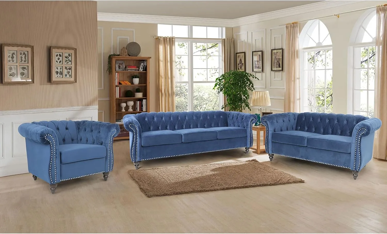 RARZOE Chesterfield Classic Sofa, Mordern 3 Seater Velvet Sofa Couch, Tufted Back Chesterfield Settee Sofas with Nailhead Trim Scroll Arms for Living Room Apartment(Blue)