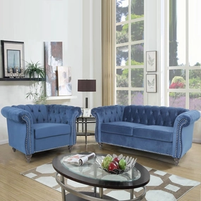 RARZOE 2 Pieces of Living Room Furniture Sofa Sets, Modern Contemporary Tufted Button Velvet Accent Club Chair&Chesterfield Loveseat Sofas Set with Nailhead Trim Scroll Arms for Home Furniture(Blue)