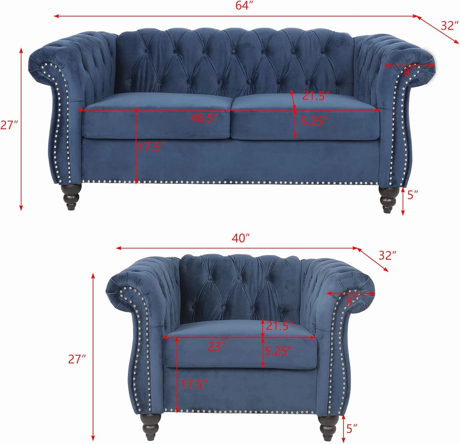RARZOE 2 Pieces of Living Room Furniture Sofa Sets, Modern Contemporary Tufted Button Velvet Accent Club Chair&Chesterfield Loveseat Sofas Set with Nailhead Trim Scroll Arms for Home Furniture(Blue)