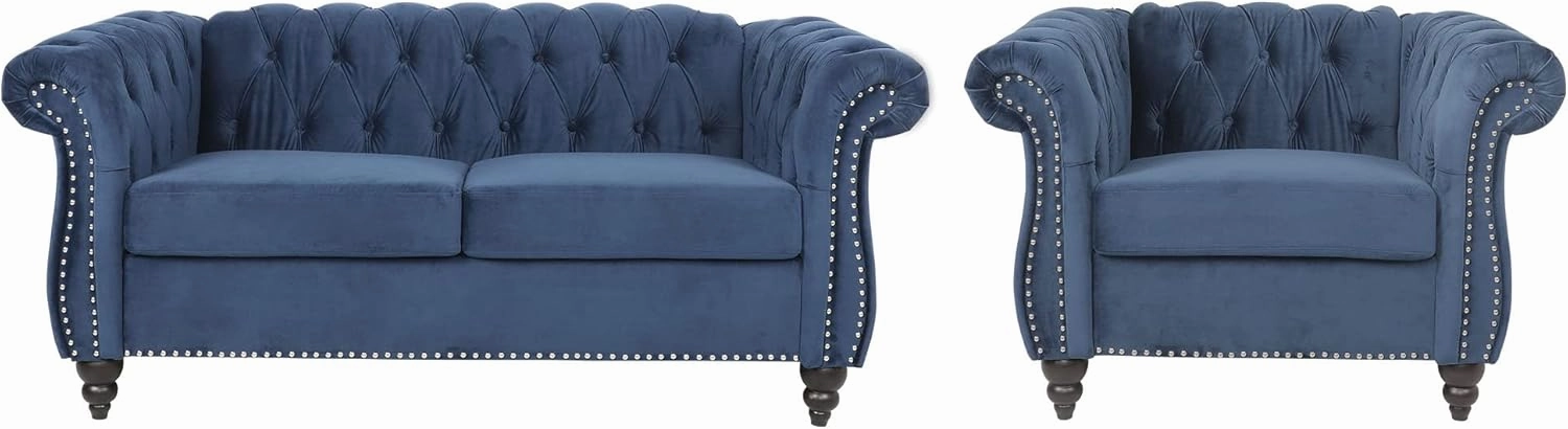 RARZOE 2 Pieces of Living Room Furniture Sofa Sets, Modern Contemporary Tufted Button Velvet Accent Club Chair&Chesterfield Loveseat Sofas Set with Nailhead Trim Scroll Arms for Home Furniture(Blue)