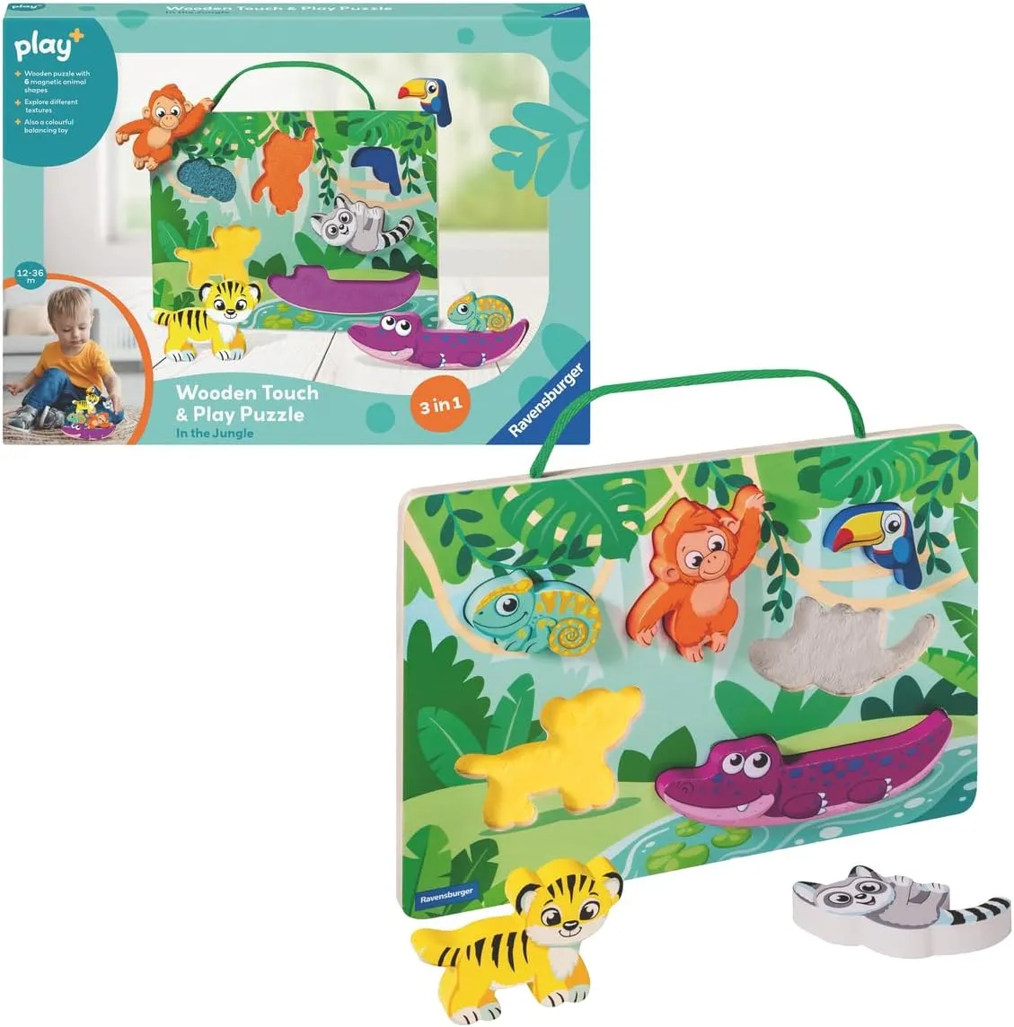 Ravensburger Play  Wooden Touch & Play Puzzle - in The Jungle | Textured Wooden Puzzle | Engages Tactile & Fine Motor Skills