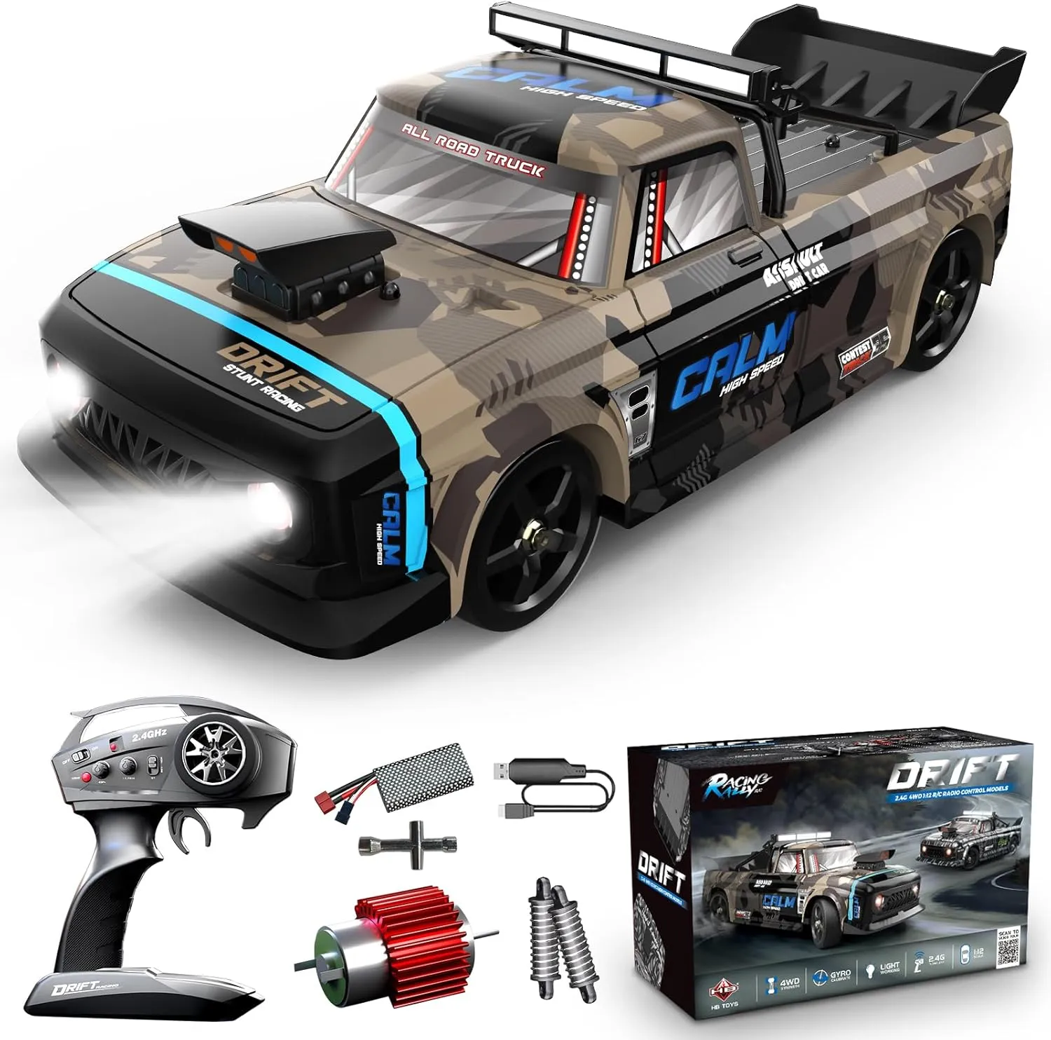 RC Drift Car, 1/12 Remote Control Cars 2.4Ghz 4WD Drifting RC Car with Gyro, LED Light and 2 Rechargeable Batteries, 30km/H Hobby Racing Cars for Boys Kids Girls Adults, Army Green