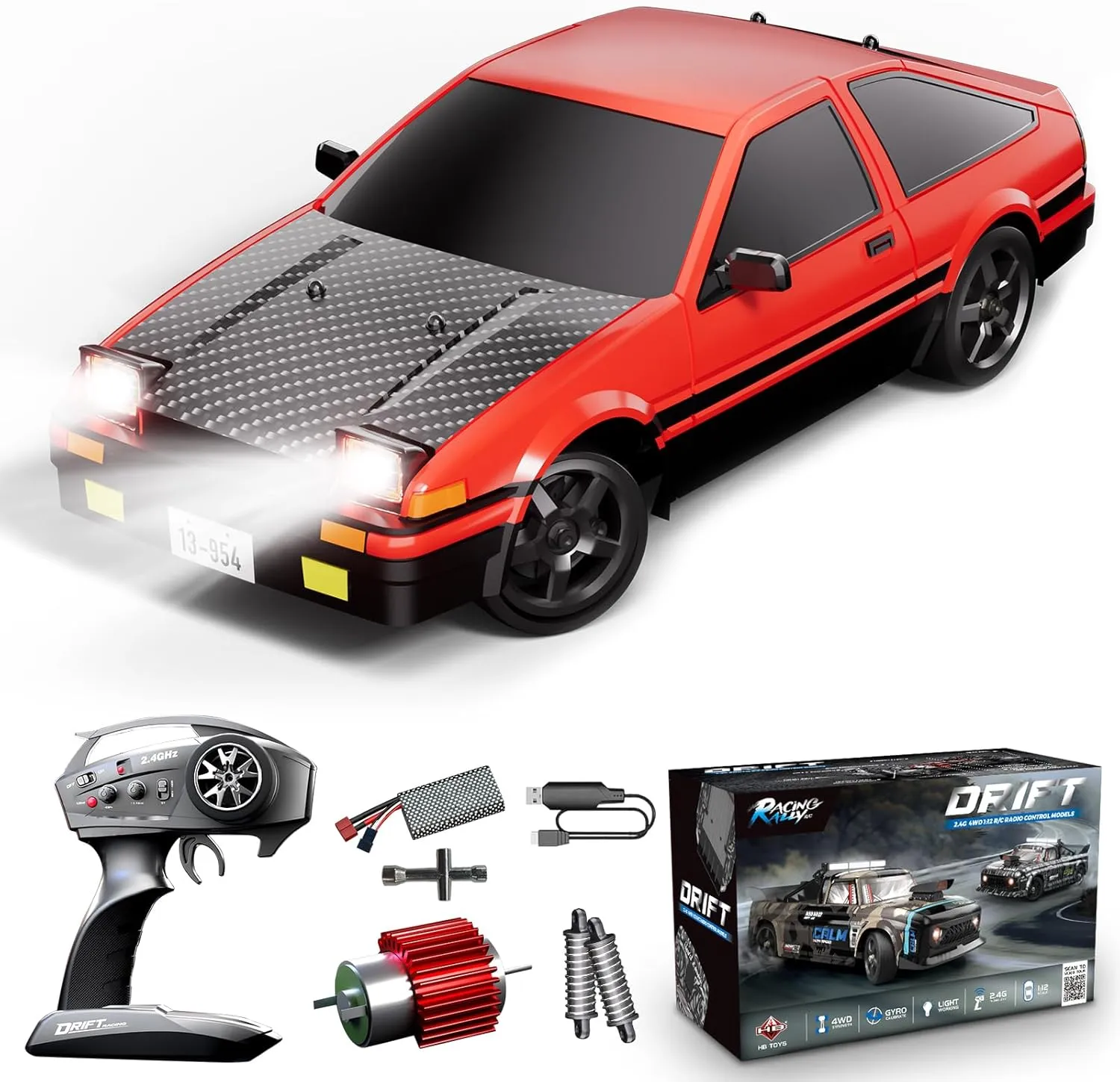 RC Drift Car, 1/12 Remote Control Cars 2.4Ghz 4WD Drifting RC Car with Gyro, LED Light and 2 Rechargeable Batteries, 30km/H Hobby Racing Cars for Boys Kids Girls Adults, Red