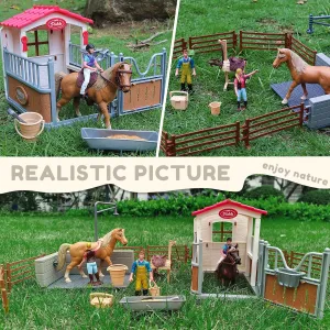 RCOMG Horse Stable Figurines Playset, 31 Pieces Horse Club with Horse Wash Area and Fence Figures, Barn Horse Toys Gift for Girls and Boys 3 4 5 6 7 8