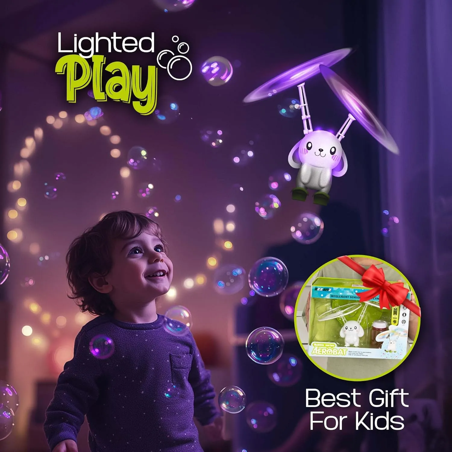 Rechargeable Bubble Machine Toy for Kids, LED Light up Bubble Blower for Indoor and Outdoor |Flying Bubble Toy for Birthday Gift, Sensor Control Bubble Toy| (Rabbit Style)
