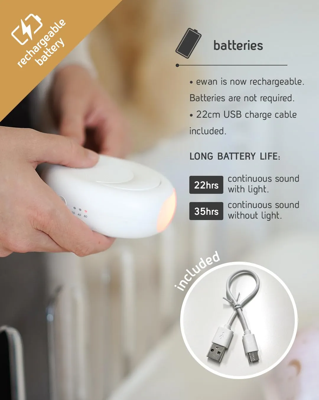 Rechargeable Ewan Deluxe, Gray | Baby & Toddler White Noise Sound Machine | Cry Sensor & Nightlight | 10 Soothing Sounds | Continuous or Timer Playback | Machine Washable