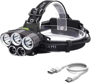 Rechargeable Headlamp,6 Mode 25000 High Lumen Bright 5 LED Head Lamp with Red White Light,IPX5 Waterproof Headlights,Head Lamps for Camping Running Fishing Hunting Hiking
