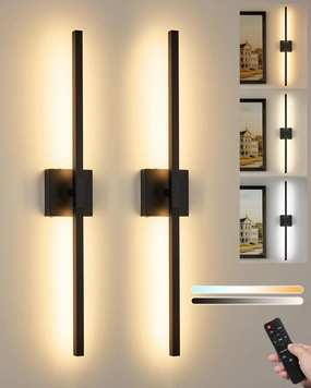 Rechargeable Battery Operated Wall Sconce Set of 2, 3000K-6000K Dimmable Wireless Wall Sconces with Remote Control, Modern LED Wall Light with Timer Function for Living Room, 24 Inch Black