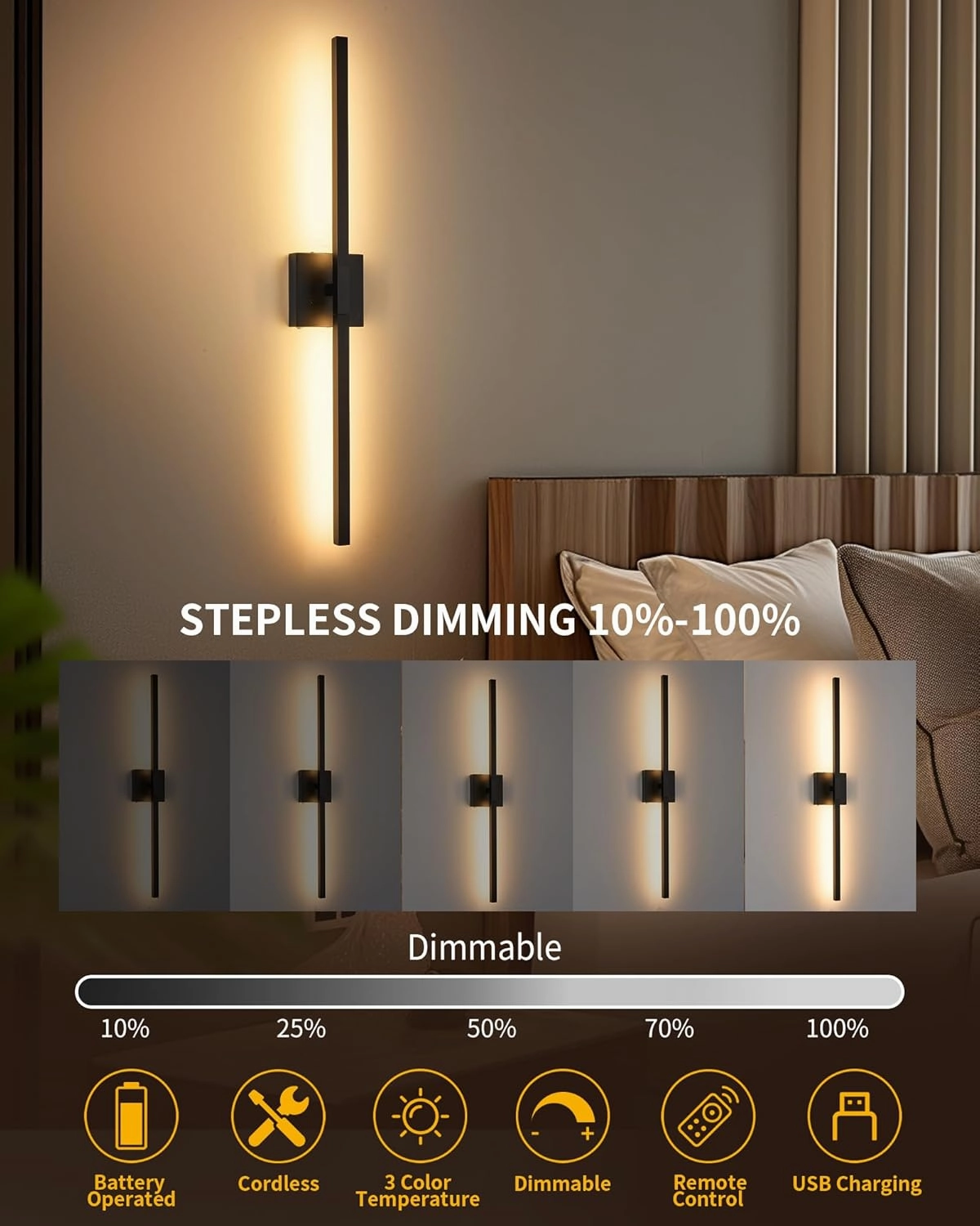 Rechargeable Battery Operated Wall Sconce Set of 2, 3000K-6000K Dimmable Wireless Wall Sconces with Remote Control, Modern LED Wall Light with Timer Function for Living Room, 24 Inch Black