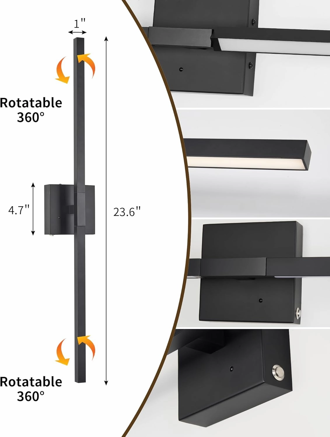 Rechargeable Battery Operated Wall Sconce Set of 2, 3000K-6000K Dimmable Wireless Wall Sconces with Remote Control, Modern LED Wall Light with Timer Function for Living Room, 24 Inch Black
