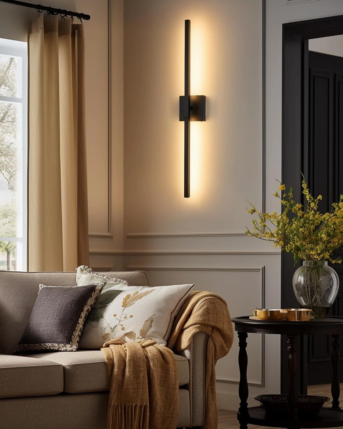 Rechargeable Battery Operated Wall Sconce Set of 2, 3000K-6000K Dimmable Wireless Wall Sconces with Remote Control, Modern LED Wall Light with Timer Function for Living Room, 24 Inch Black
