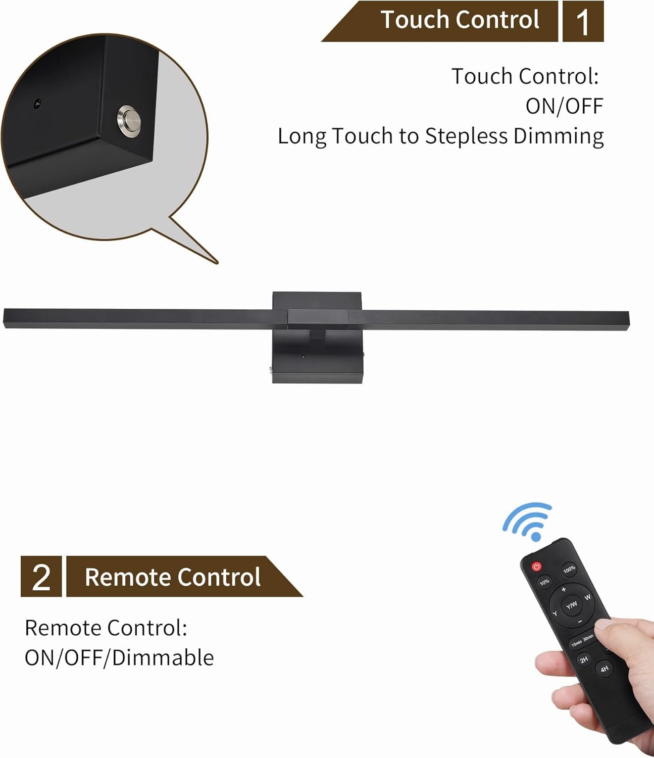 Rechargeable Battery Operated Wall Sconce Set of 2, 3000K-6000K Dimmable Wireless Wall Sconces with Remote Control, Modern LED Wall Light with Timer Function for Living Room, 24 Inch Black