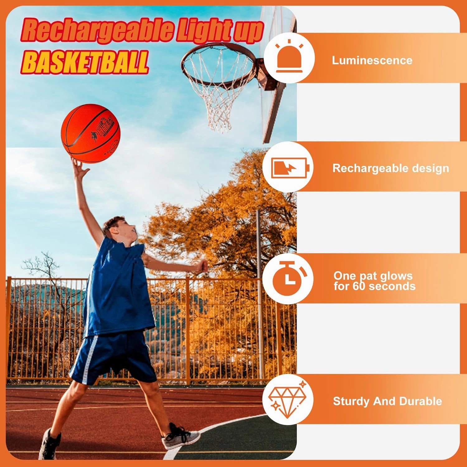 Rechargeable Glow in The Dark Basketball - USB Charging, Water-Resistant, Size 7, Impact Activated, Includes Pump, Ball Bag & Charging Cable - Rechargeable Light Up Basketball - Orange