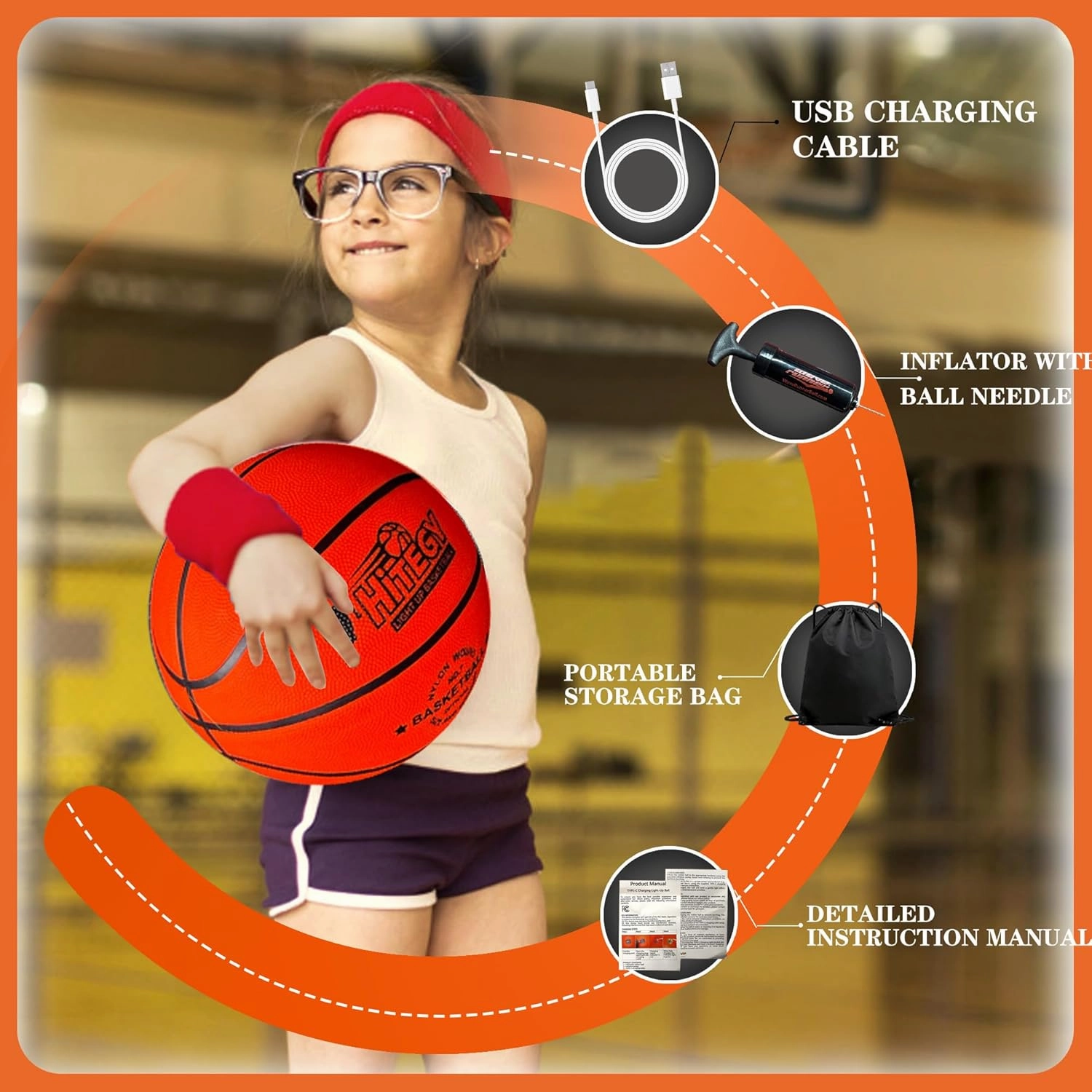 Rechargeable Glow in The Dark Basketball - USB Charging, Water-Resistant, Size 7, Impact Activated, Includes Pump, Ball Bag & Charging Cable - Rechargeable Light Up Basketball - Orange