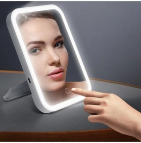 Rechargeable Makeup Vanity Mirror with Led Lights, Lighted Travel Portable Light up Beauty Mirror, 3 Color Lighting, Dimmable Touch Screen, Metal Stand 120°Adjustable Rotation Tavel Make Up Mirror