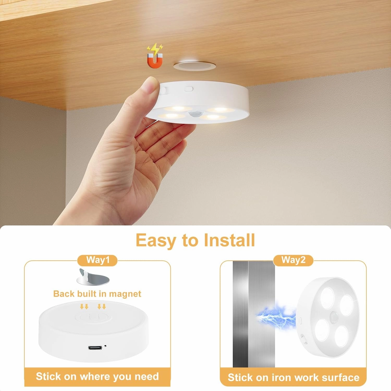 Rechargeable Puck Lights with Remote, 1500mAh Motion Sensor Night Light, 3 Color Temps & Dimmable Stair Lights Indoor, Wireless Stick on Light for Closet, Cabinet, Counter, Bedroom, Kitchen, 4 Pack