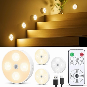 Rechargeable Puck Lights with Remote, 1500mAh Motion Sensor Night Light, 3 Color Temps & Dimmable Stair Lights Indoor, Wireless Stick on Light for Closet, Cabinet, Counter, Bedroom, Kitchen, 4 Pack