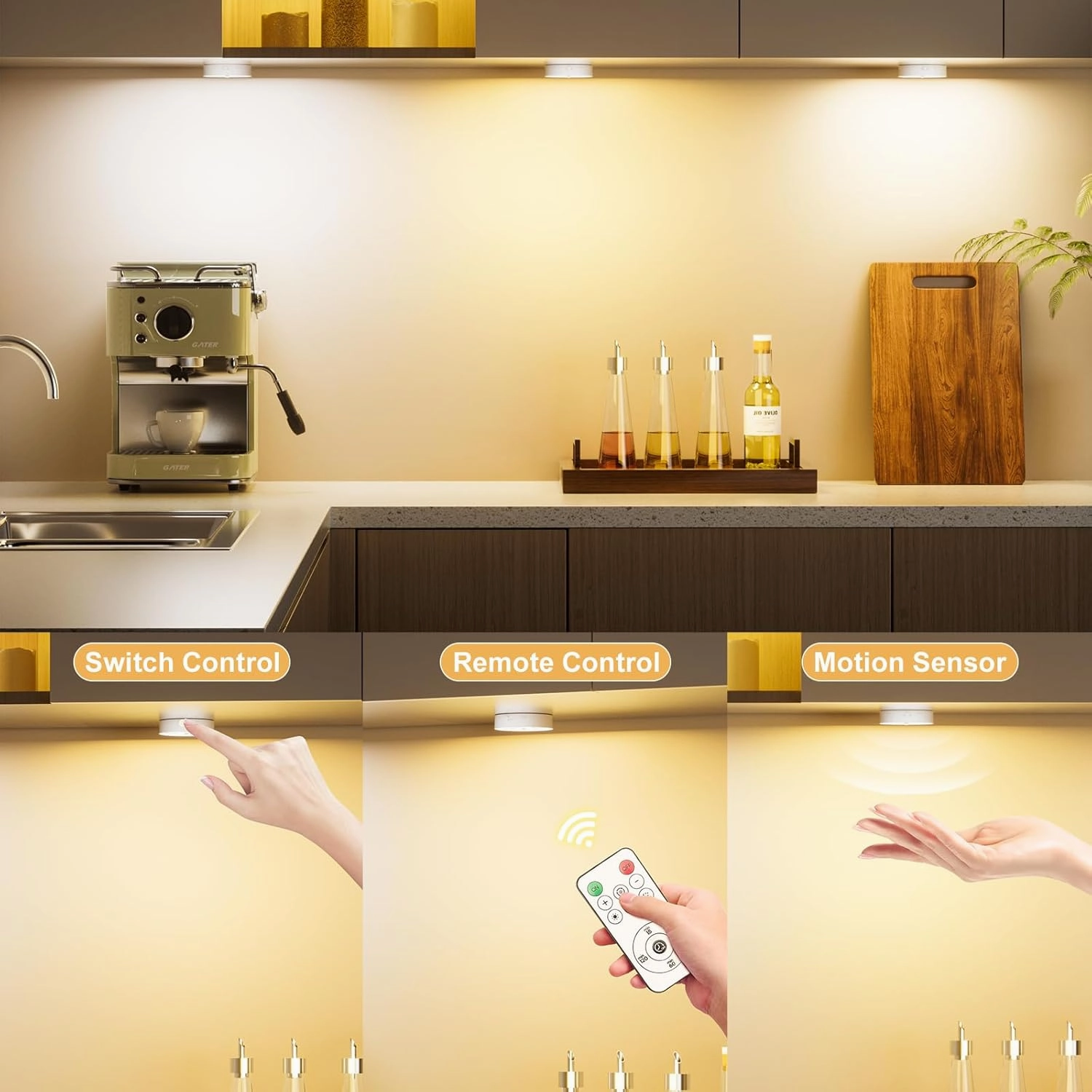 Rechargeable Puck Lights with Remote, 1500mAh Motion Sensor Night Light, 3 Color Temps & Dimmable Stair Lights Indoor, Wireless Stick on Light for Closet, Cabinet, Counter, Bedroom, Kitchen, 4 Pack