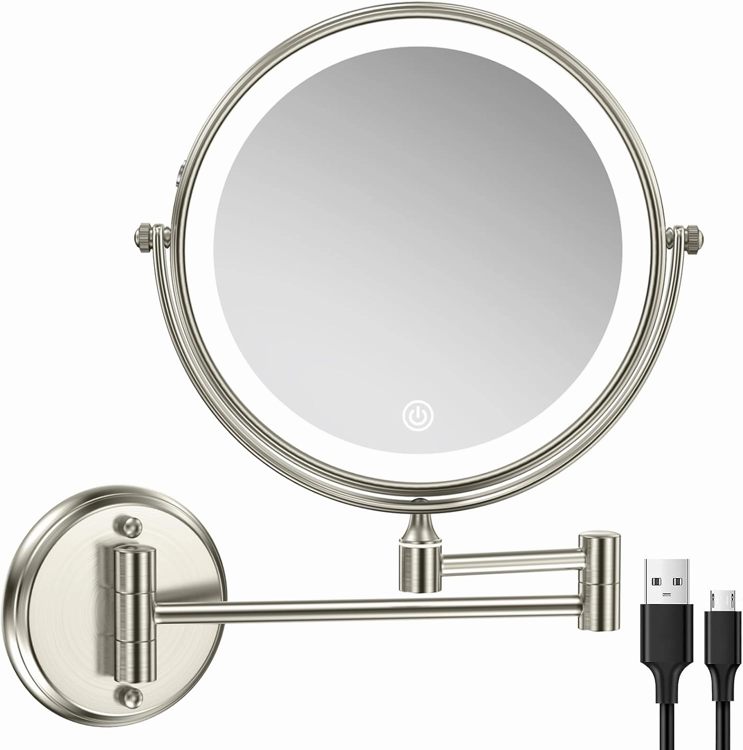 Rechargeable Wall Mounted Makeup Mirror with Lights, 8 Inch Double-Sided 10X Magnifying Vanity Mirror, 3 Color Lights & Stepless Dimming 360°Rotation Extendable Lighted Magnification Bathroom Mirror
