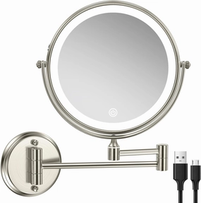 Rechargeable Wall Mounted Makeup Mirror with Lights, 8 Inch Double-Sided 10X Magnifying Vanity Mirror, 3 Color Lights & Stepless Dimming 360°Rotation Extendable Lighted Magnification Bathroom Mirror