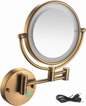 Rechargeable Wall Mounted Makeup Mirror with Lights, Double-Sided 1X/10X Magnifying Mirror, 360° Swivel Extendable LED Bathroom Vanity MirrorBrass,10x
