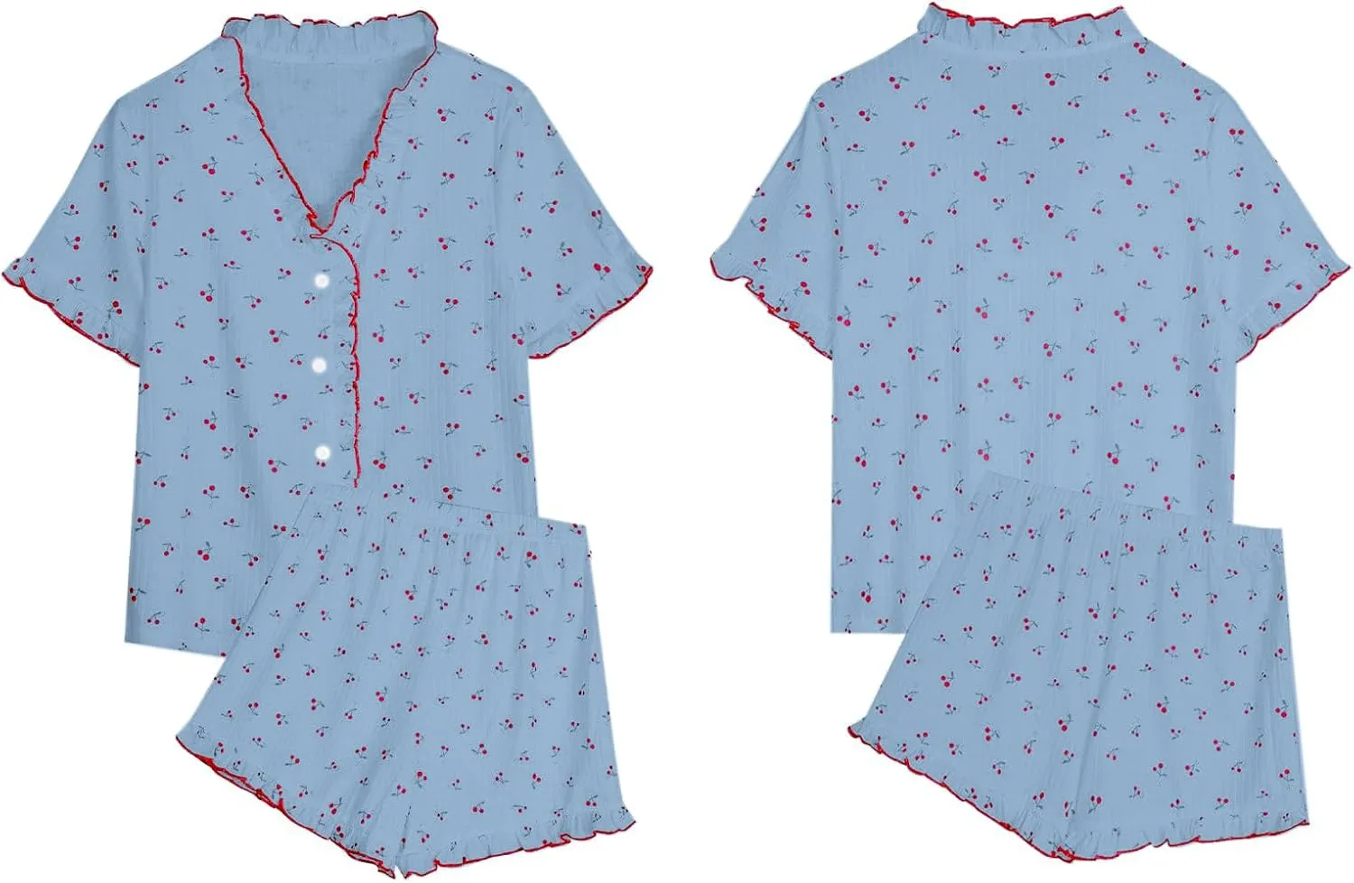Remidoo Womens Cute Cherry Pajama Set Contrast Binding Frill Trim Pj Loungewear