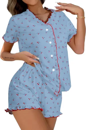 Remidoo Womens Cute Cherry Pajama Set Contrast Binding Frill Trim Pj Loungewear