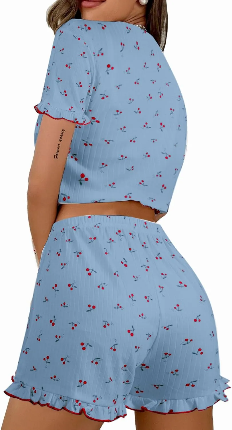 Remidoo Womens Cute Cherry Pajama Set Contrast Binding Frill Trim Pj Loungewear