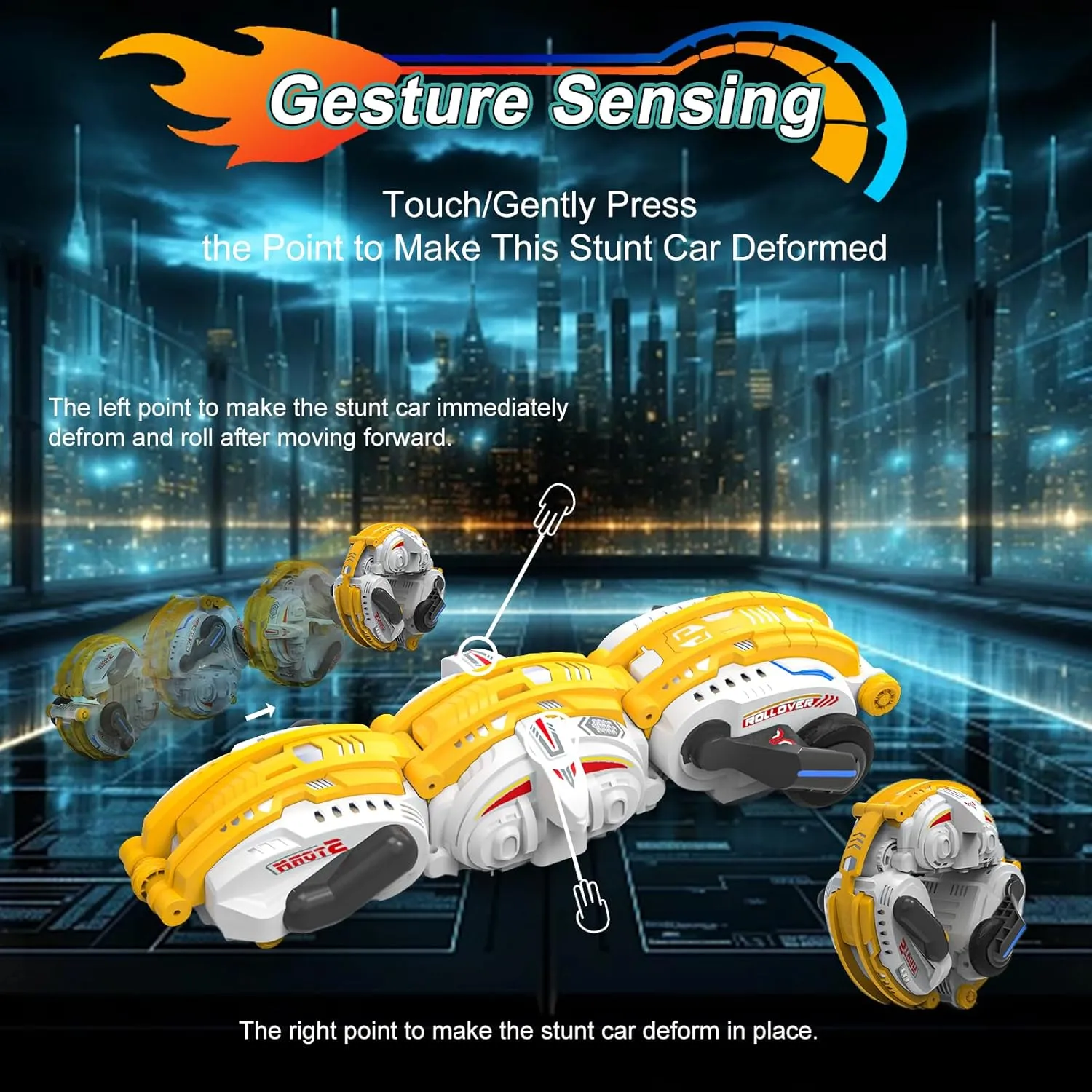 Remote Control Car, RC Stunt Snake Car 360° Roll with Hand Gesture Sensing and Touch Rotation, Super Fast Racing Car for Christmas Birthday, Indoor/Outdoor Toys for 6-12 Year Old Boys Girls - Yellow