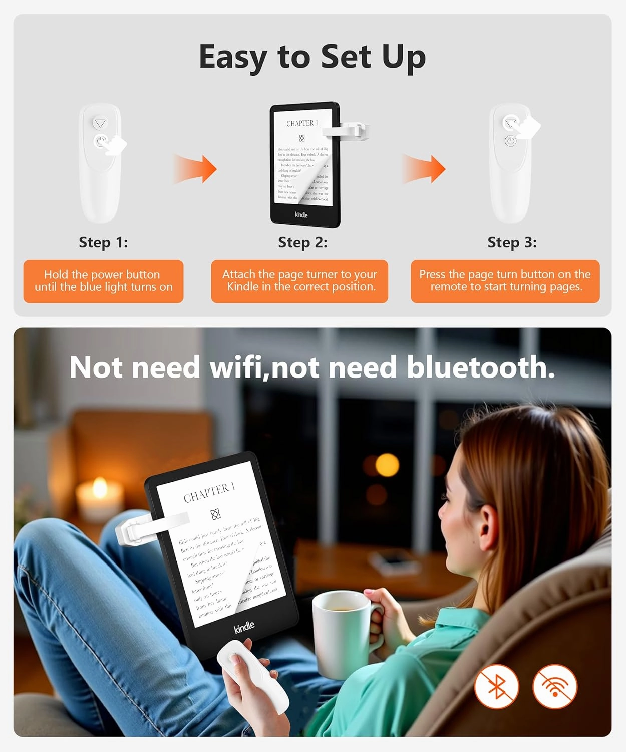 Remote Control Page Turner for Kindle Paperwhite Kobo eReaders, Page Turner Clicker with Wireless Remote Compatible with iPad, Tablets, Cellphones-White