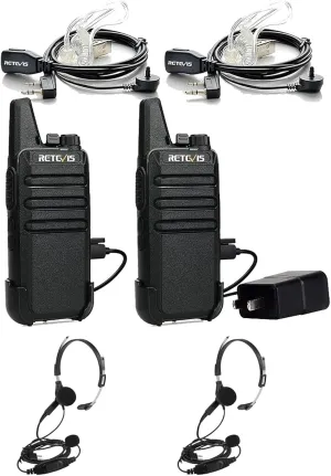 Retevis RT22 Walkie Talkies(2 Pack) with Two Way Radio Headset(2 Pack), Mini 2 Way Radio Rechargeable, VOX Handsfree, Portable, Two-Way Radios Long Range with Earpiece