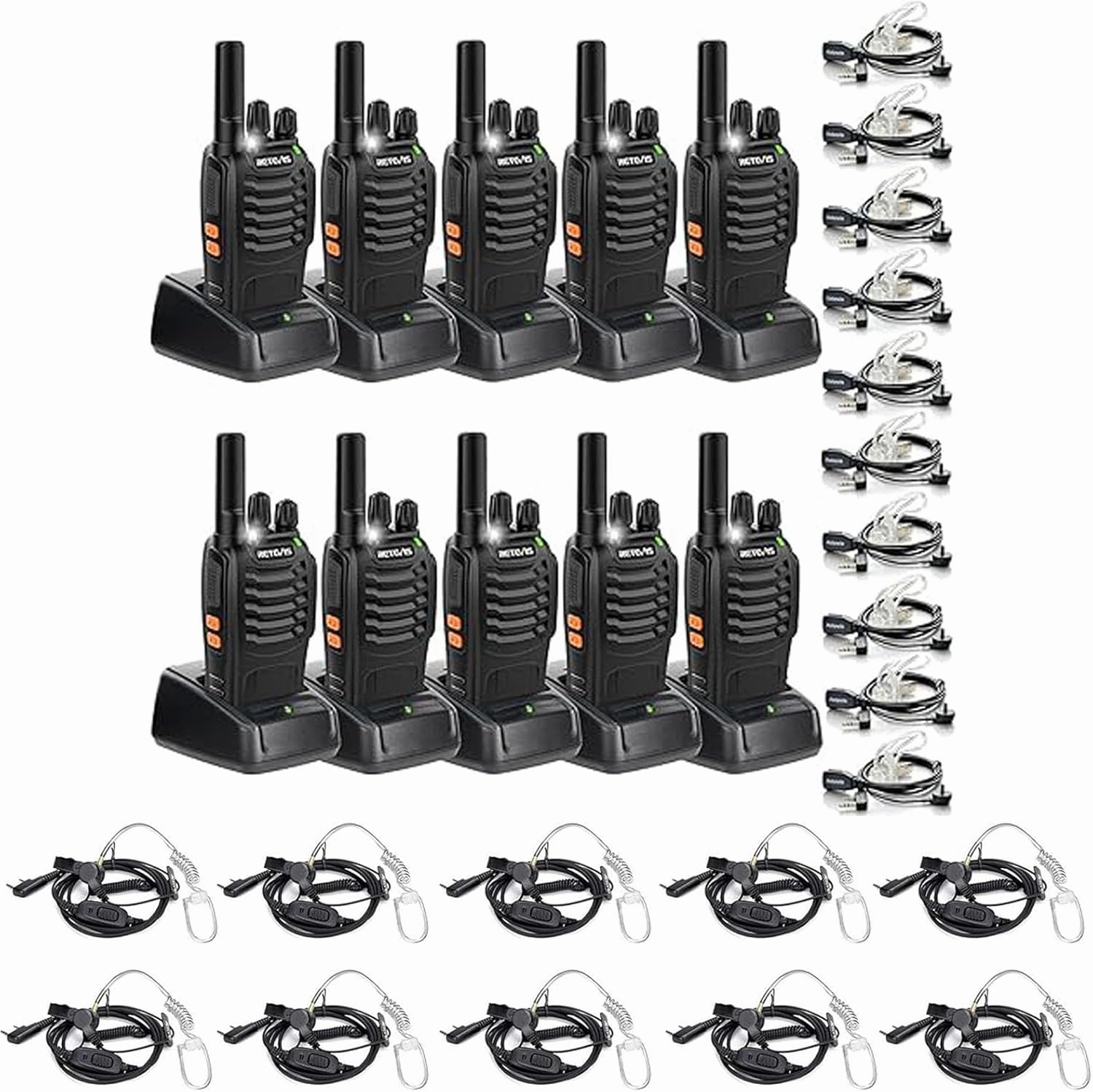 Retevis H-777 2 Way Radios(10 Pack) with Walkie Talkie Earpiece(10 Pack)，Rechargeable Long Range Two Way Radio,Shock Resistant, Emergency Alarm,Short Antenna for Restruant School Construction Site