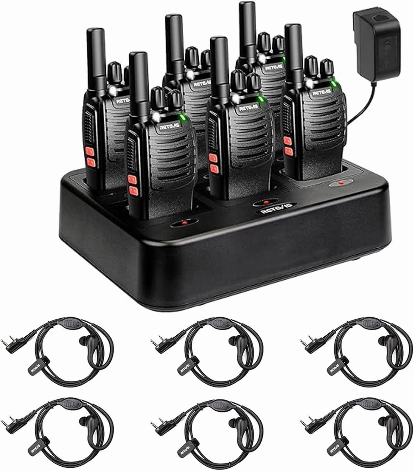 Retevis H-777 Walkie Talkies(6 Pack) with Walkie Talkie Earpiece(6 Pack), Rechargeable Two-Way Radios,with 6-Way Multi Unit Charger,Flashlight Handheld Business 2 Way Radios