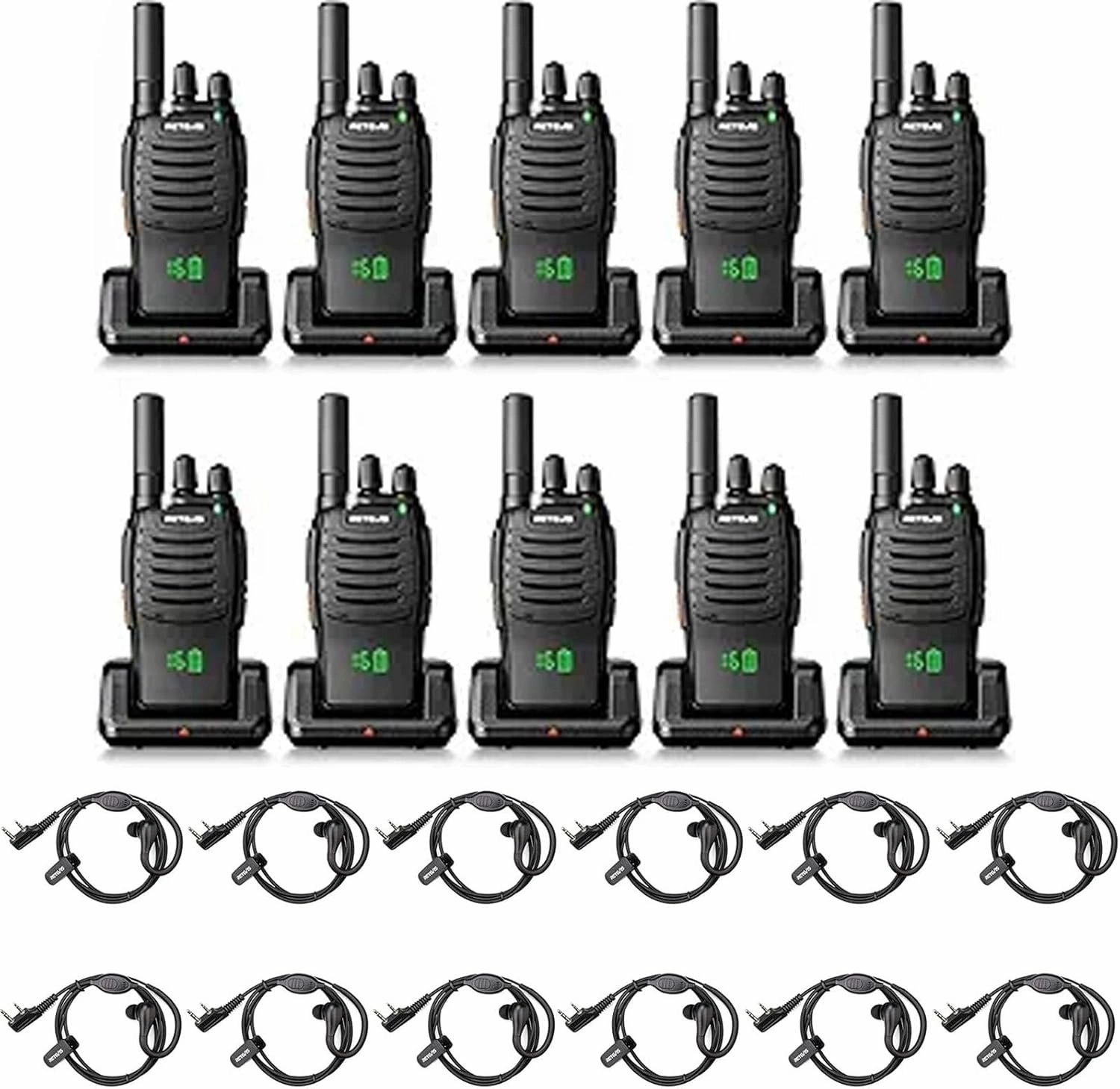 Retevis H-777H Walkie Talkies(10 Pack) with Walkie Talkie Earpiece(12 Pack), Hidden Display,Channel Display, USB-C, Short Antenna,Handheld 2 Way Radio with Emergency Alarm for Business Education