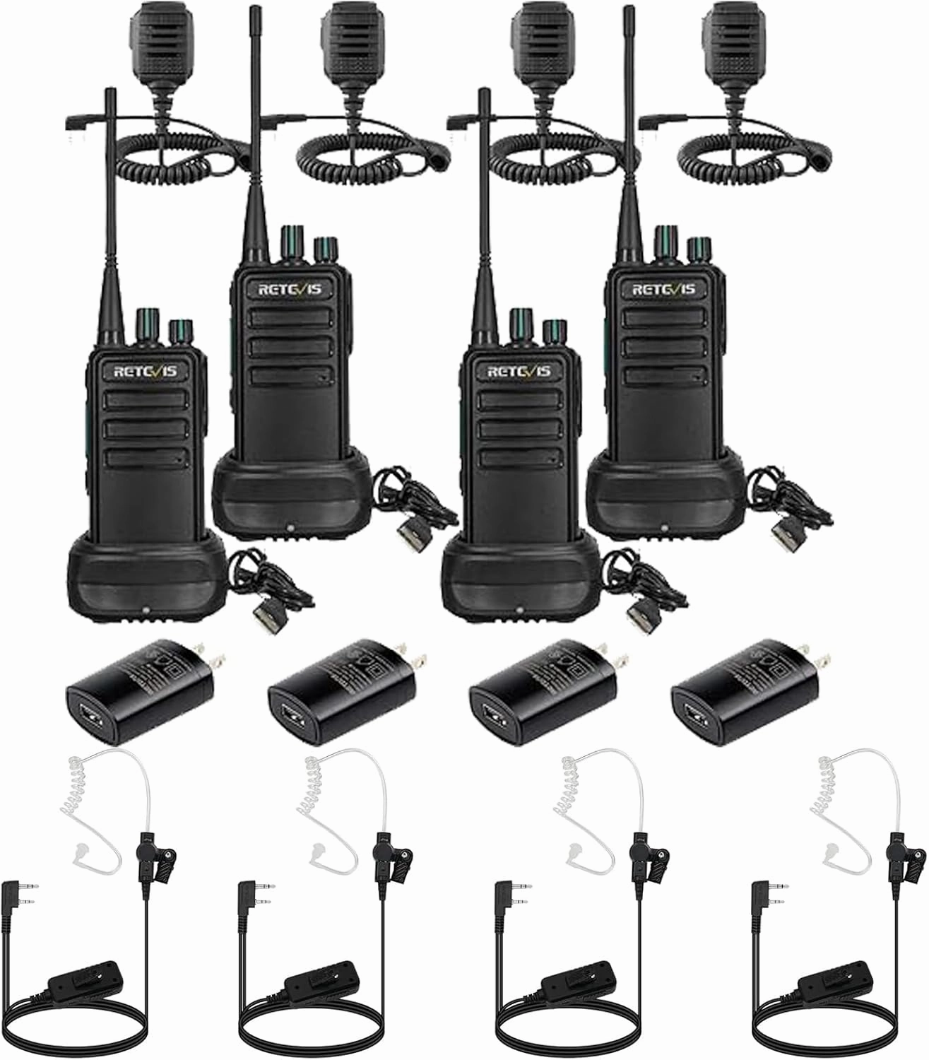 Retevis RB29 2 Way Radio Long Range(4 Pack) with AI Active Noise Cancelling Two Way Radio Earpiece(4 Pack)，Two Way Radios with Waterproof Shoulder Mic,USB Charging Base,Rugged Walkie Talkies
