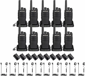 Retevis RT68 Two Way Radio(10 Pack) with Swivel Walkie Talkie Headset(10 Pack), Compact, Rugged, Heavy Duty 2 Way Radios Rechargeable with USB Charging Base