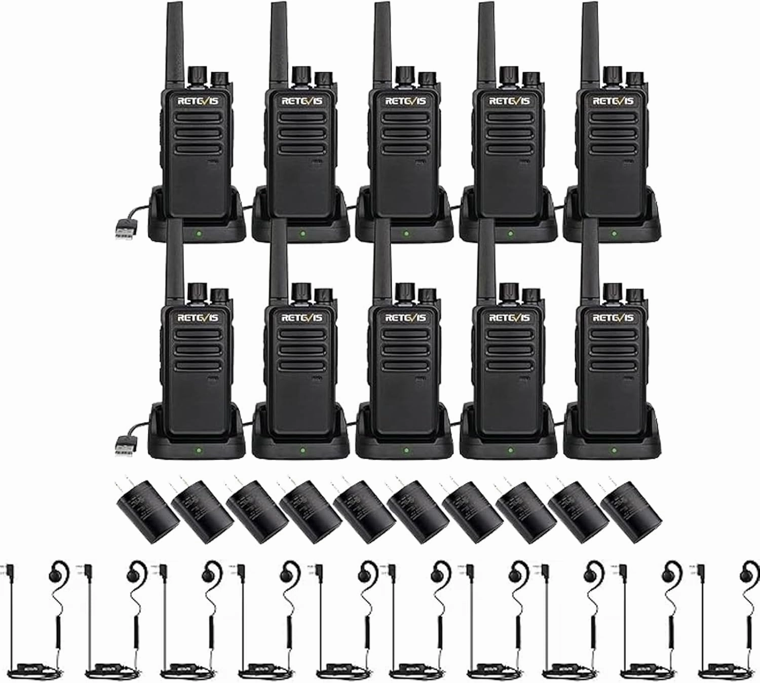 Retevis RT68 Two Way Radio(10 Pack) with Swivel Walkie Talkie Headset(10 Pack), Compact, Rugged, Heavy Duty 2 Way Radios Rechargeable with USB Charging Base