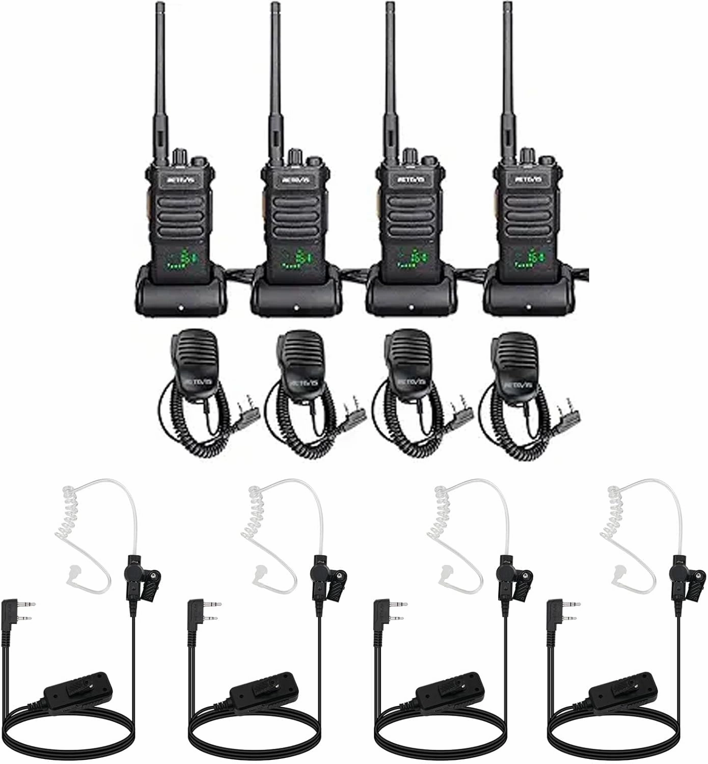 Retevis RT86 2 Way Radio(4 Pack) with AI Active Noise Cancelling Walkie Talkie Earpiece(4 Pack), High Power Walkie Talkies for Adults with Shoulder Mic, Heavy Duty Two Way Radios Rechargeable