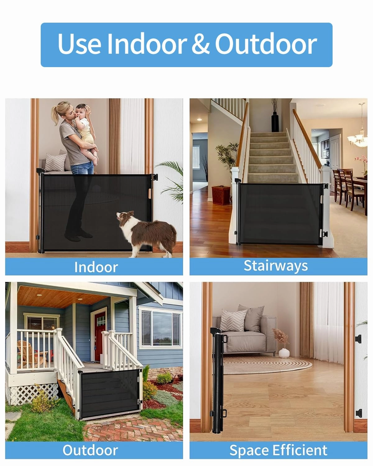 Retractable Baby Gate,Mesh Baby Gate or Mesh Dog Gate,33" Tall,Extends up to 55" Wide,Child Safety Gate for Doorways, Stairs, Hallways, Indoor/Outdoor（Black,33"x55")
