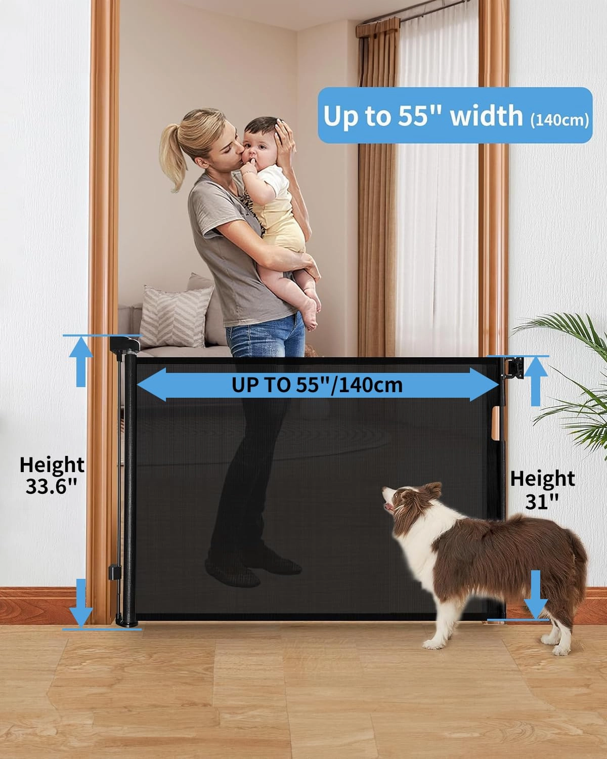 Retractable Baby Gate,Mesh Baby Gate or Mesh Dog Gate,33" Tall,Extends up to 55" Wide,Child Safety Gate for Doorways, Stairs, Hallways, Indoor/Outdoor（Black,33"x55")