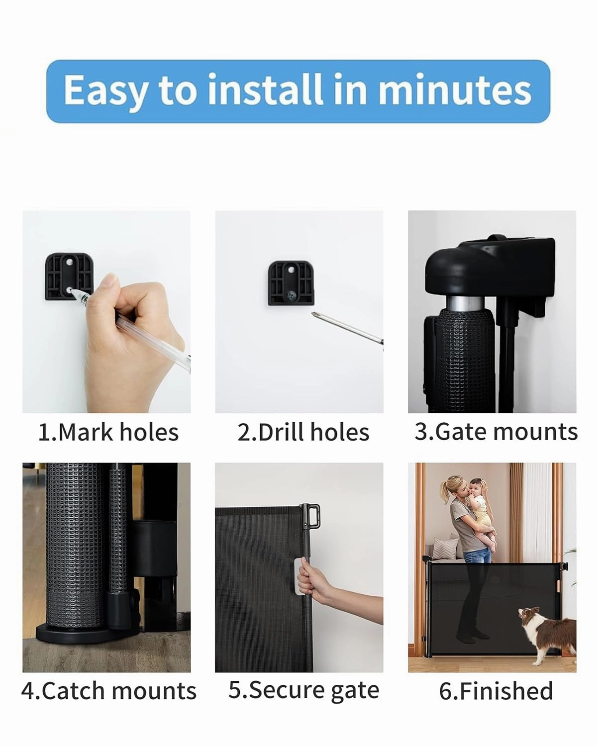 Retractable Baby Gate,Mesh Baby Gate or Mesh Dog Gate,33" Tall,Extends up to 55" Wide,Child Safety Gate for Doorways, Stairs, Hallways, Indoor/Outdoor（Black,33"x55")