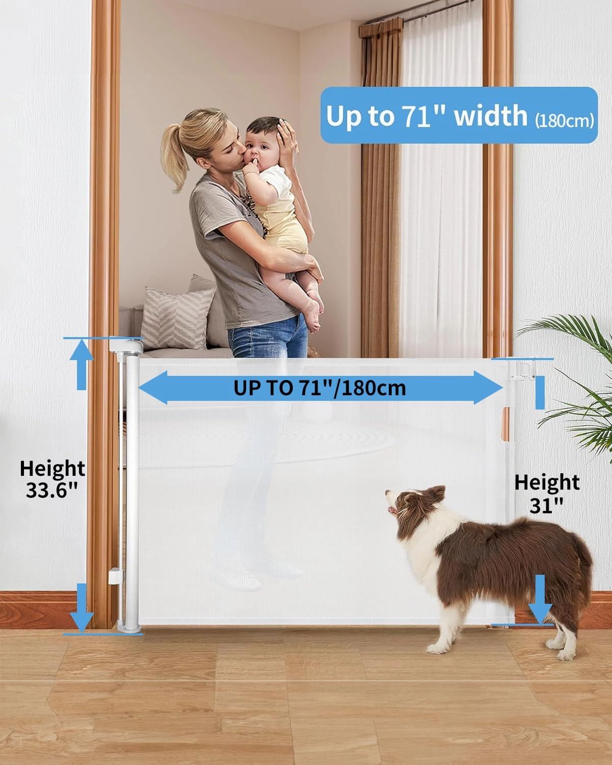 Retractable Baby Gate,Mesh Baby Gate or Mesh Dog Gate,33" Tall,Extends up to 71" Wide,Child Safety Gate for Doorways,Stairs,Hallways,Indoor/Outdoor（White,33"x71"）