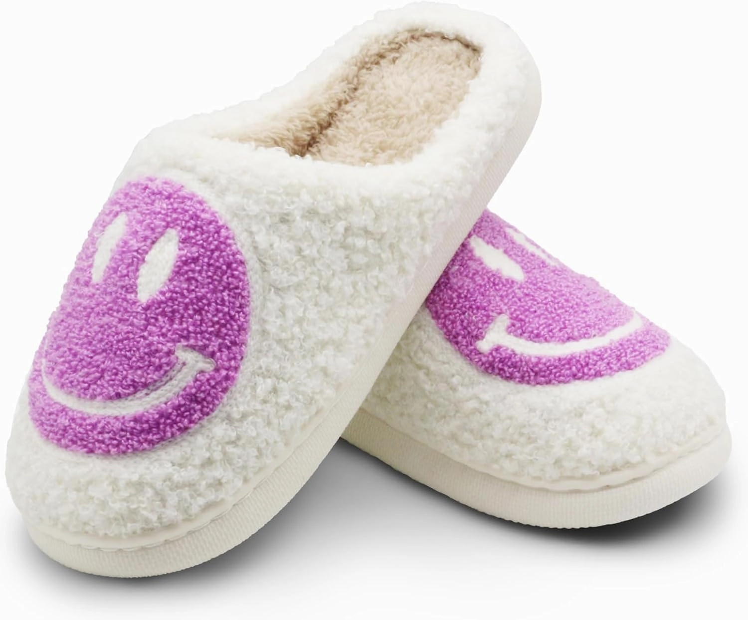 Retro Fuzzy Face Slippers for Women Men, Soft Plush Warm Slip-on Couple Style Casual Happy Face Slippers Cozy Indoor Outdoor Lightweight Anti-Skid Sole Cute House Slippers with Memory Foam