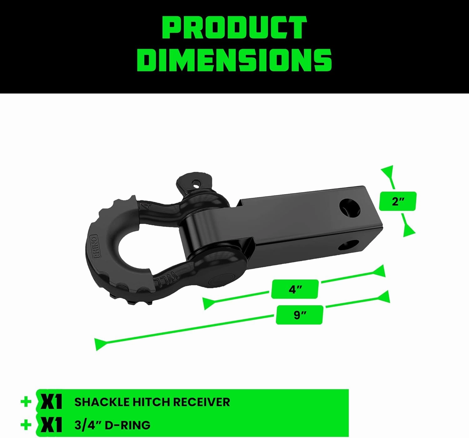 Rhino USA Shackle Hitch Receiver (Fits 2" Receivers) Best Towing Accessories for Trucks, Jeep, Toyota & More - Connect Your Rhino Tow Strap for Vehicle Recovery, Mounts to 2" Receiver Hitches