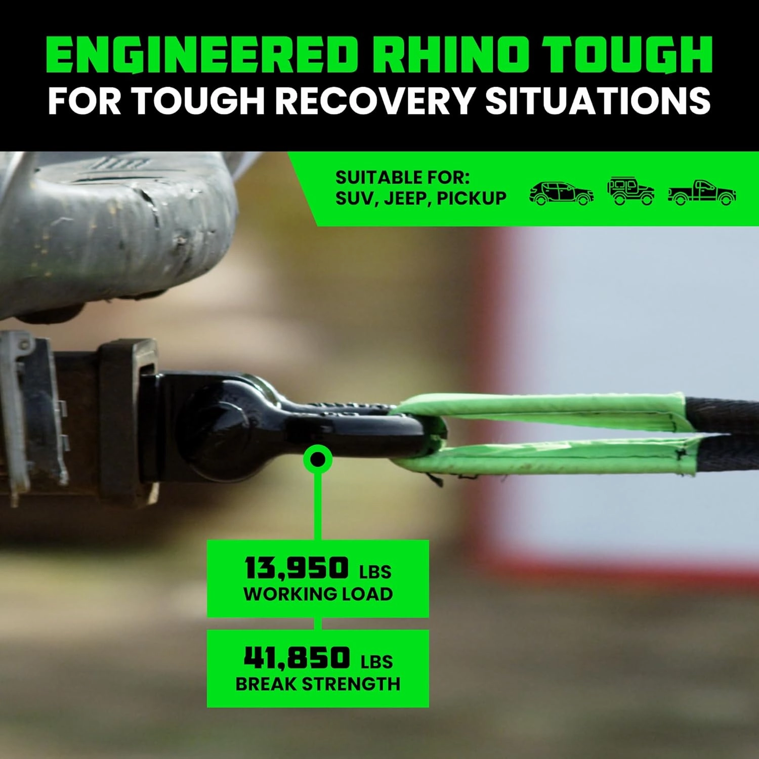 Rhino USA Shackle Hitch Receiver (Fits 2" Receivers) Best Towing Accessories for Trucks, Jeep, Toyota & More - Connect Your Rhino Tow Strap for Vehicle Recovery, Mounts to 2" Receiver Hitches
