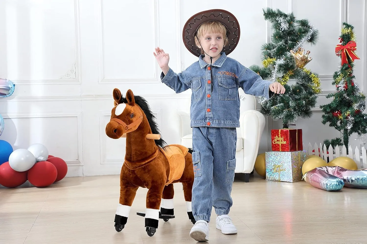 Ride On Horse Toy for 3-5 Years, Kids Real Walking Horse Riding Horse with Wheels (Brown, 29.92" L x 9.84" W x 31.12" H)