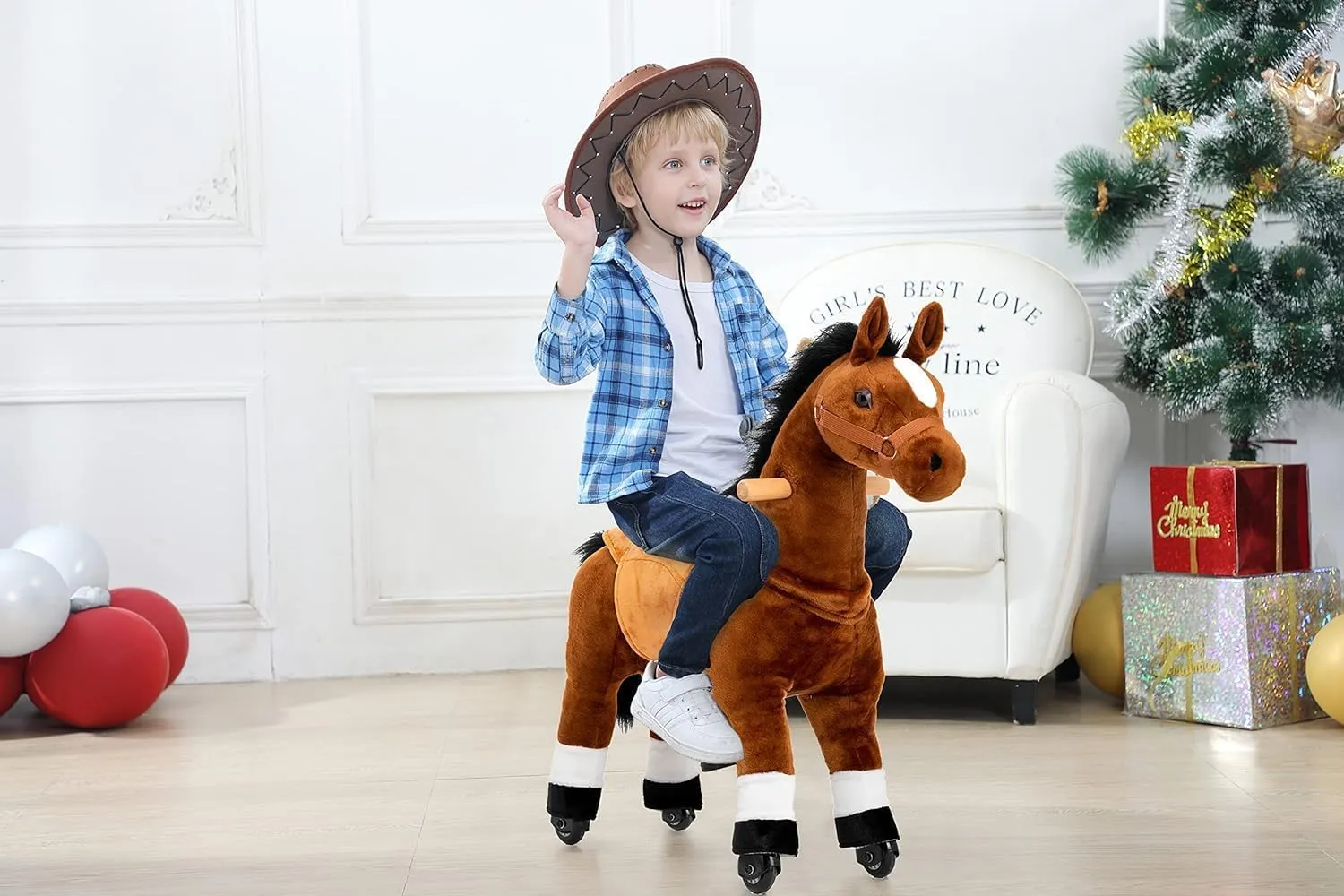 Ride On Horse Toy for 3-5 Years, Kids Real Walking Horse Riding Horse with Wheels (Brown, 29.92" L x 9.84" W x 31.12" H)