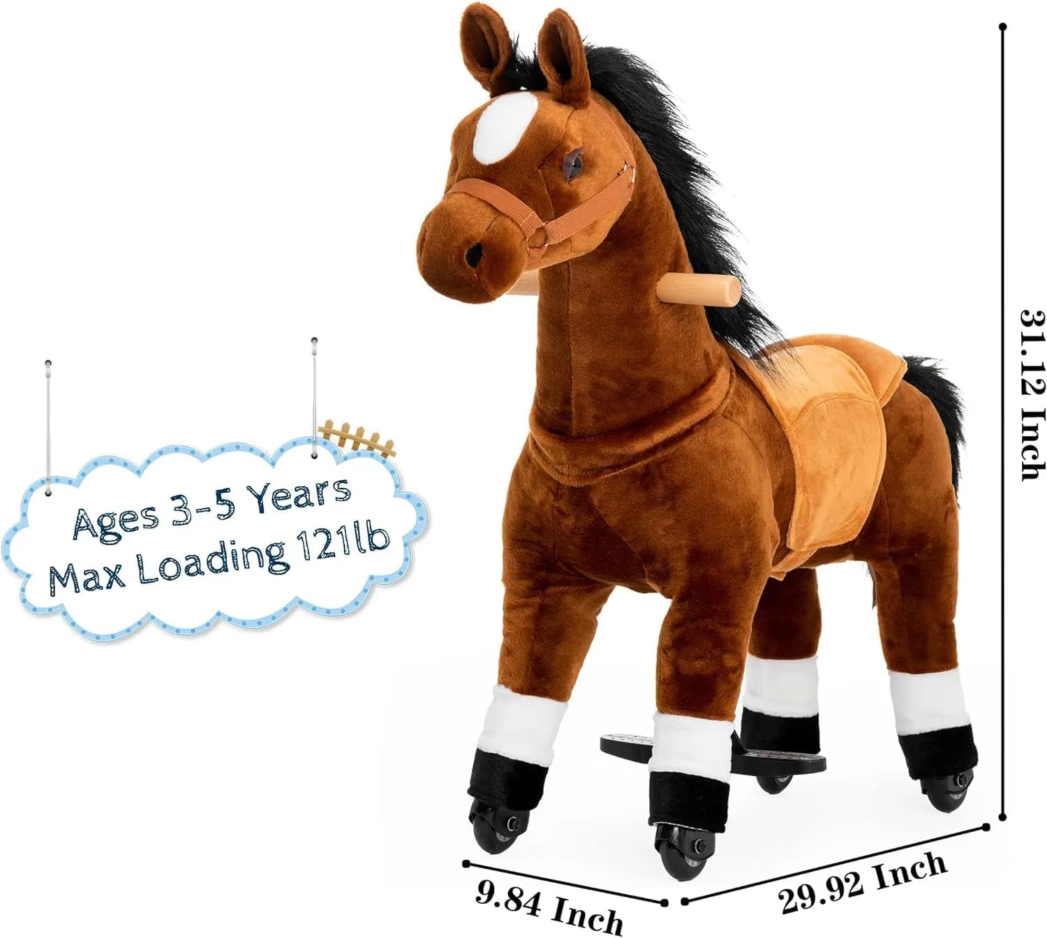 Ride On Horse Toy for 3-5 Years, Kids Real Walking Horse Riding Horse with Wheels (Brown, 29.92" L x 9.84" W x 31.12" H)